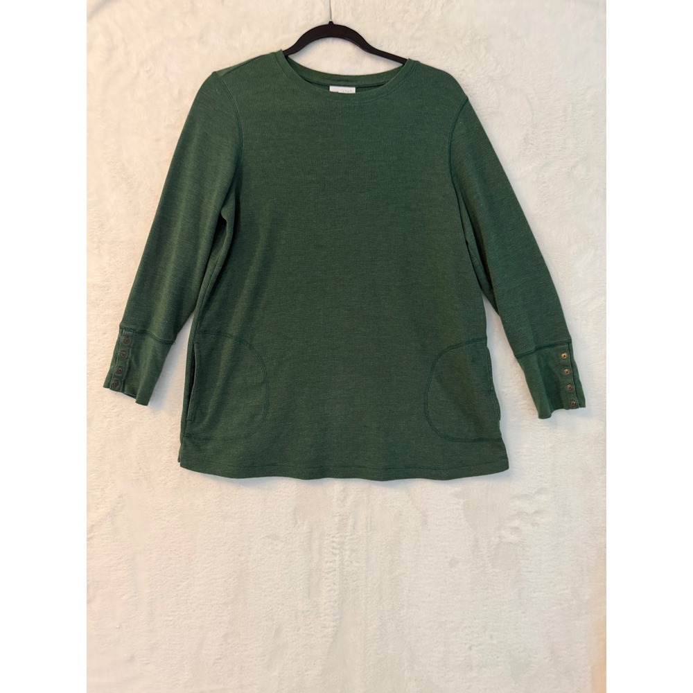 J. Jill Green Waffle Knit Tunic Top Womens Medium Pocket Button Cuff Thermal M